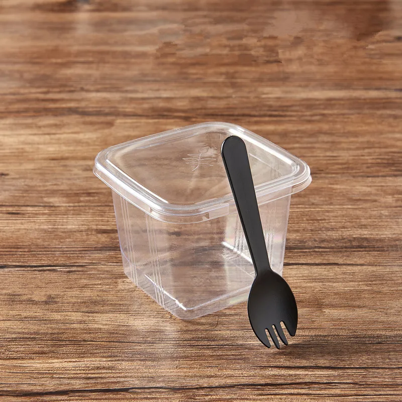 cup lid fork 50 шт 420 мл прозрачный ПЭТ квадратный десерт фруктовый торт пластиковые чашки большой пудинг мороженое-желе на вынос упаковки чашки с крышкой - Цвет: cup lid fork
