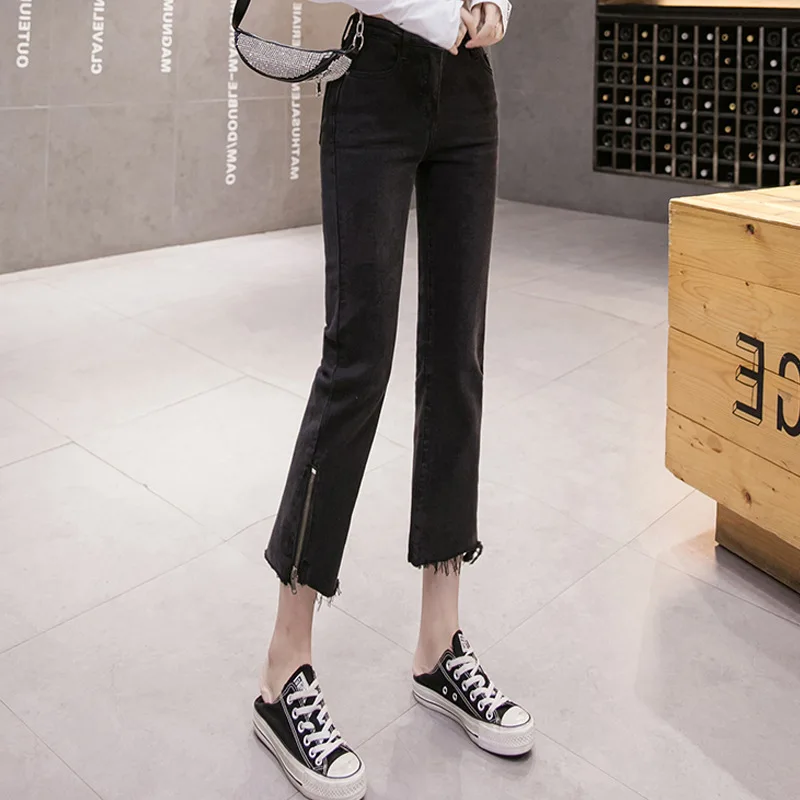 High Waist Jeans Cotton Ankle-Length Pants Spring and Autumn Women's Korean Style Side Zipper Fashion Burr Stretch Straight Tube