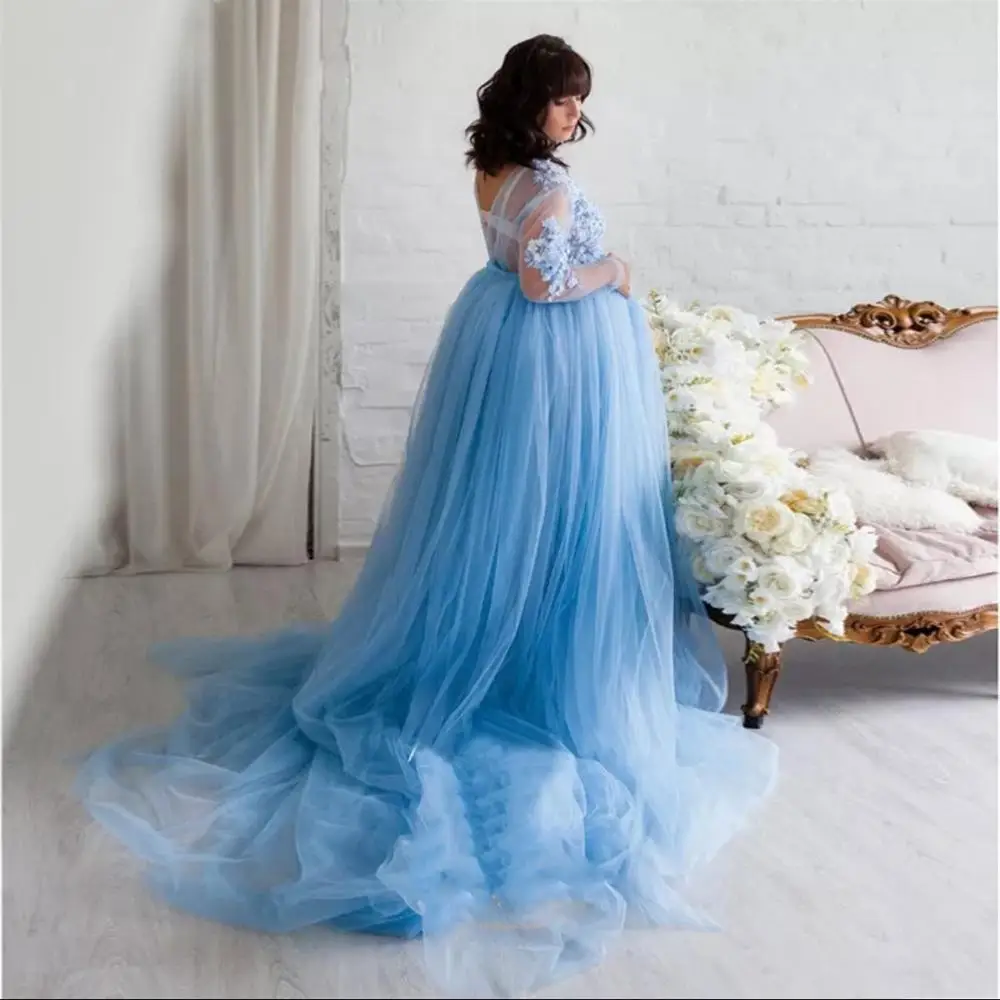

2021 Sky Blue Pregant Prom Dress Long Sleeve Tulle Lace Women Party Dress Lace Appliques Floor Length Vestido Festa Longo
