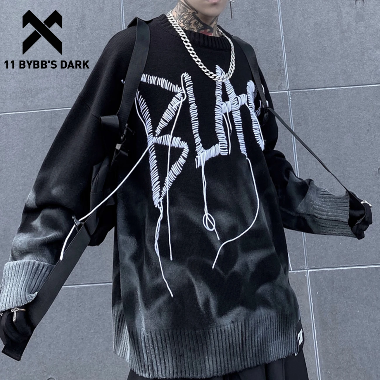 

11 BYBB'S DARK Harajuku Dark Tie Dye Men Knitted Sweater Retro Embroidery Hip Hop Pullover Streetwear Sweater Oversize Loose Top