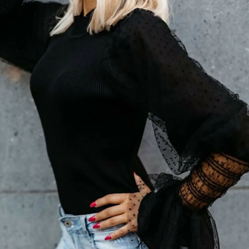 

Women Mesh Long Lantern Sleeve Polka Dots Turtleneck Top Casual Female Knit Solid Color Blouse Plus Size
