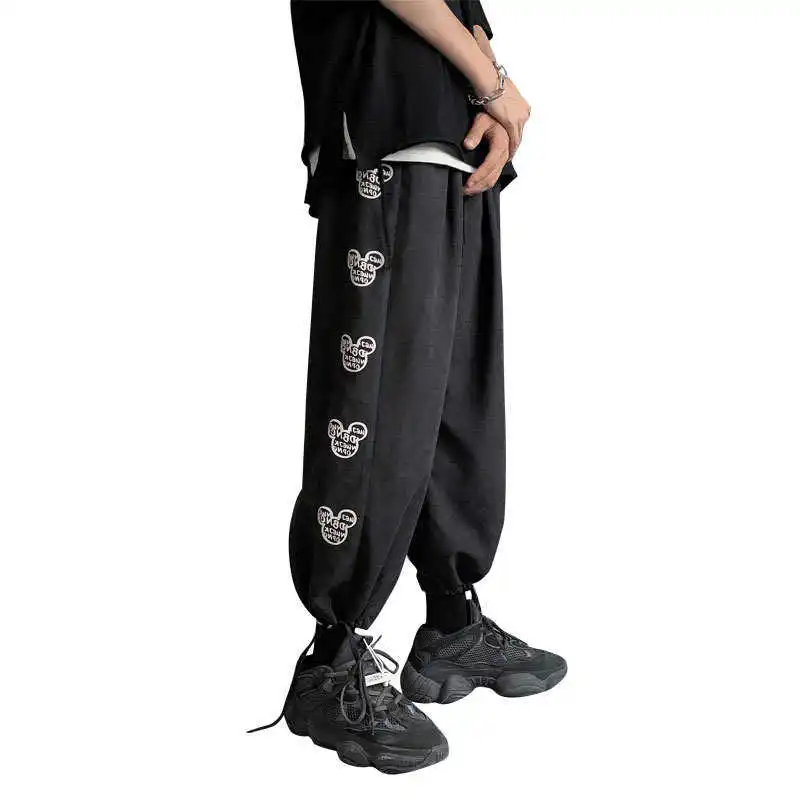 

High street pants men's fashion brand ins side printing straight tube hemmed Capris loose ruffian handsome dark casual pants