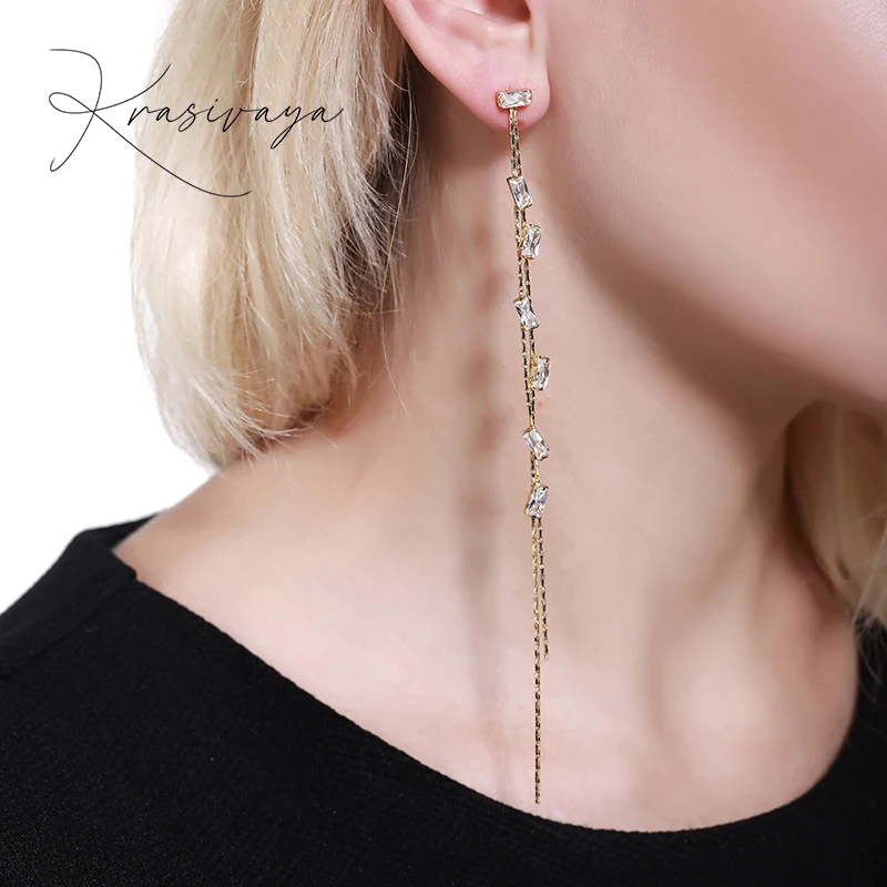 

Krasivaya Long Chain With Rhinestone Gold Earrings For Women Fashion Jewelry Trendy Gift