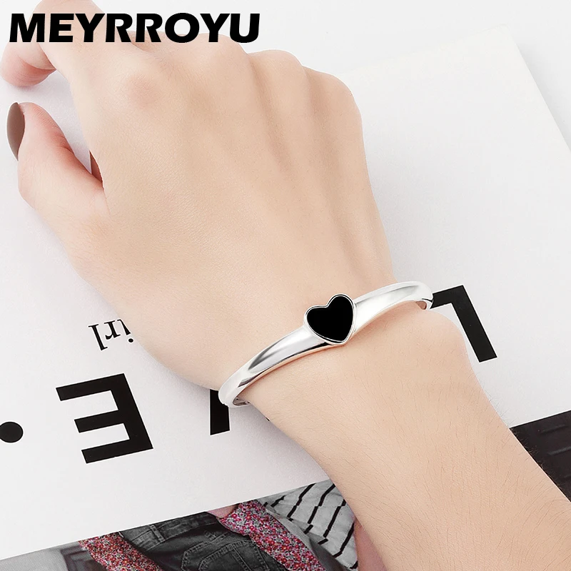 

Женский Регулируемый браслет MEYRROYU, черный браслет из стерлингового серебра с сердцем в Корейском стиле, простое открытое Ювелирное Украшен...
