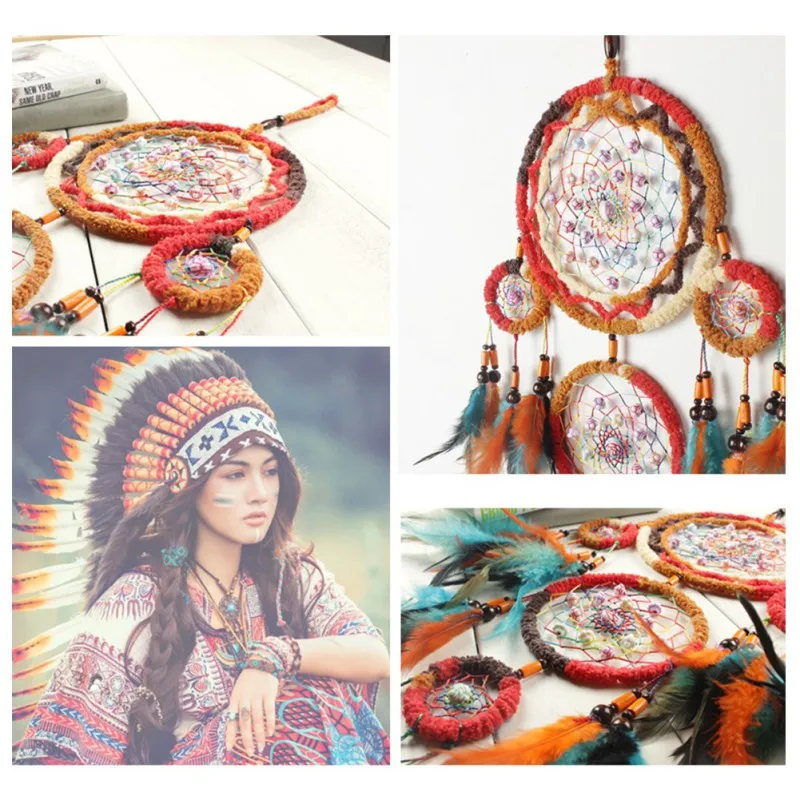 

Feather Pendant Dream Net Catcher 5 Ring Indian Style Hanging Ornaments Home Bedroom Wall Dreamy Fairy Decoration Holiday Gifts