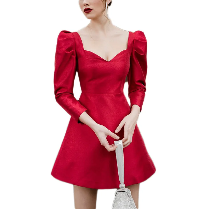 

[DEAT] 2021 new summer fashion women dress sqaure collar three quarter sleeves high waist pullover sexy dress WP63403L