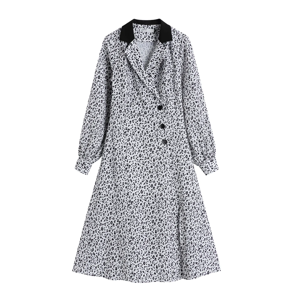 

Leopard Printed V-neck Women Long Dress Vintage Elegant Full Sleeve Buttons Dresses Korean Office Ladies Splitting Vestidos 2021
