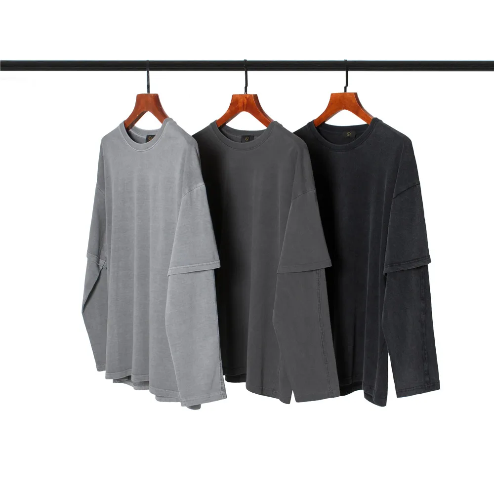 2020 Men Hip Hop Solid T Shirt Long Sleeve Faux Two Piece Streetwear Harajuku T-Shirt Oversize Summer Loose Cotton Tops Tees | Мужская