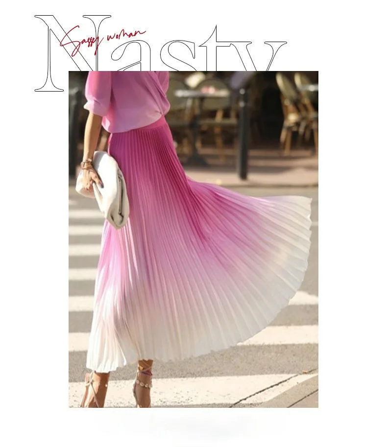 

2021 Summer New Two-piece Skirt Ins Super Fairy Thin Rose Red Gradient Color Fashion Shirt Pleated Skirt Suit Female S-XXL