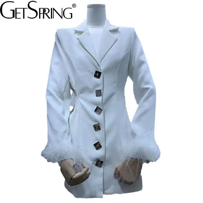 

Getspring Women Blazer Feather Patchwork Hollow Out Long Black White Blazers And Jacket Vintage Fashion Long Oversized Blazer
