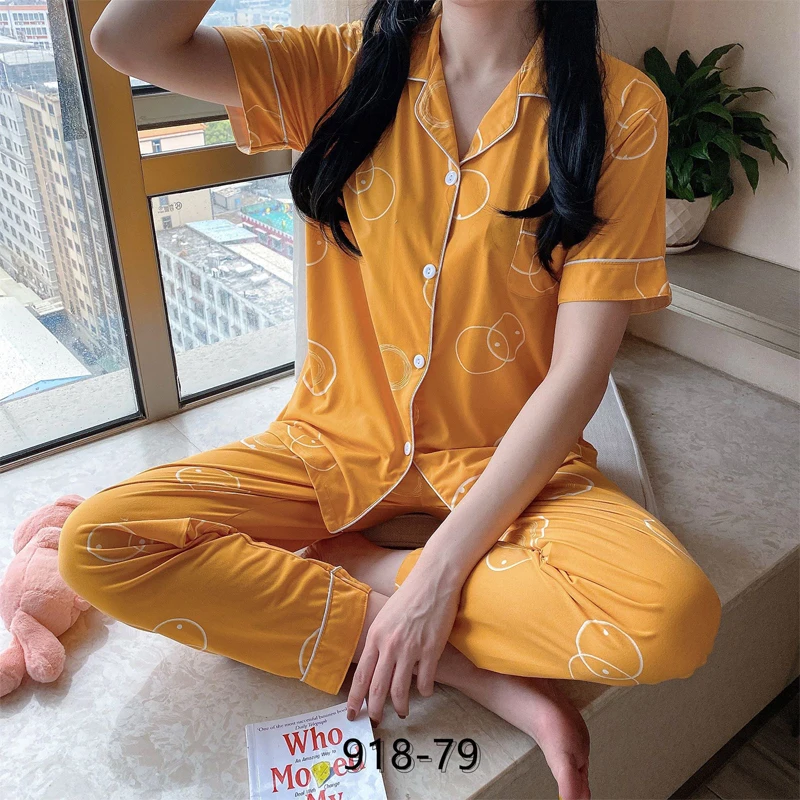 

New Milk Silk Cute Girls Fancy Party Sleepwear Women Kawaii Pajamas Set Soft Short Sleeve Long Trousers Loose Female Home Suit