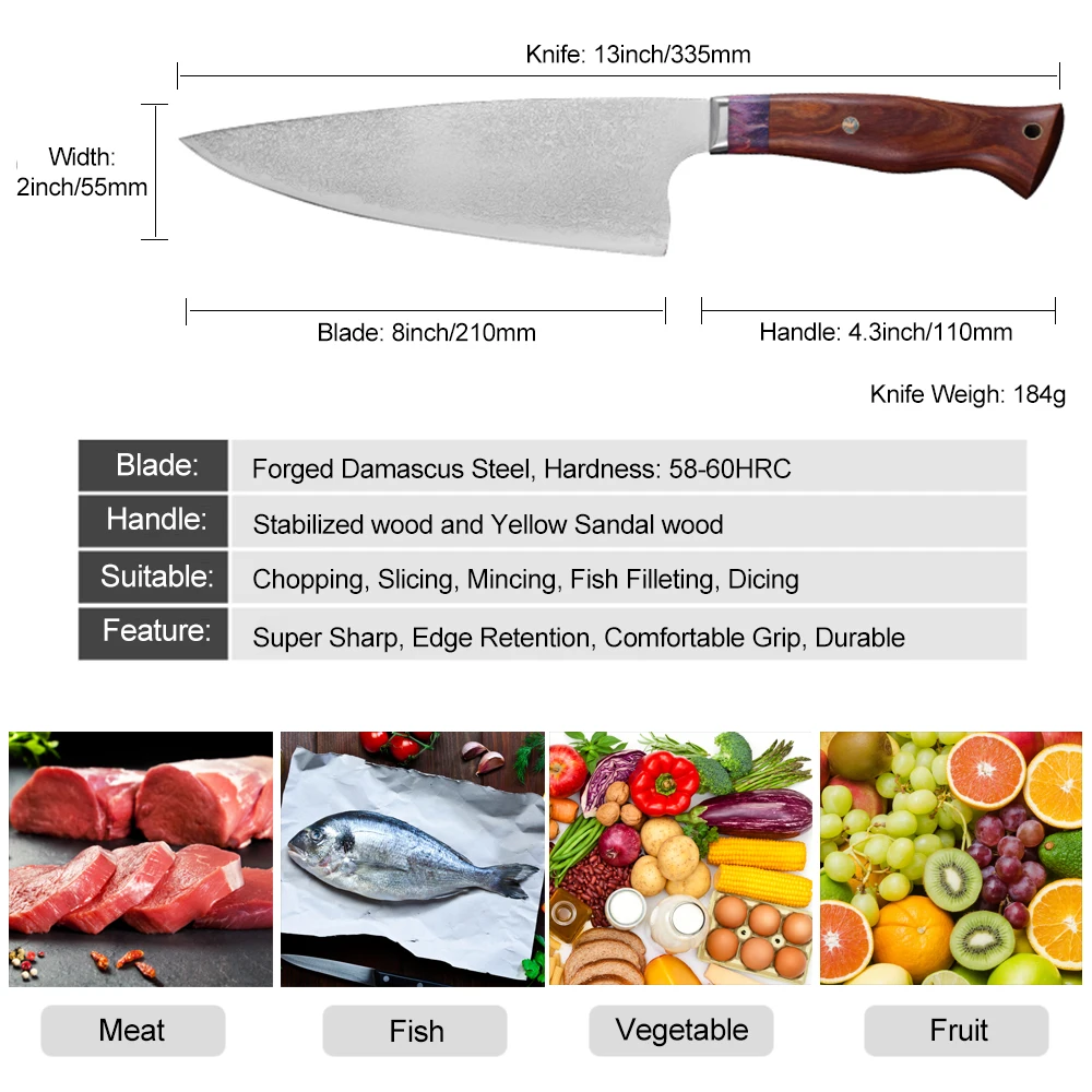 8inch Chef Kitchen Knife Forged Danascus Steel Meat Cutter Vegetable Fish Filleting Gyuto Knives Ultra Sharp with Wood Handle 36 | Дом и сад