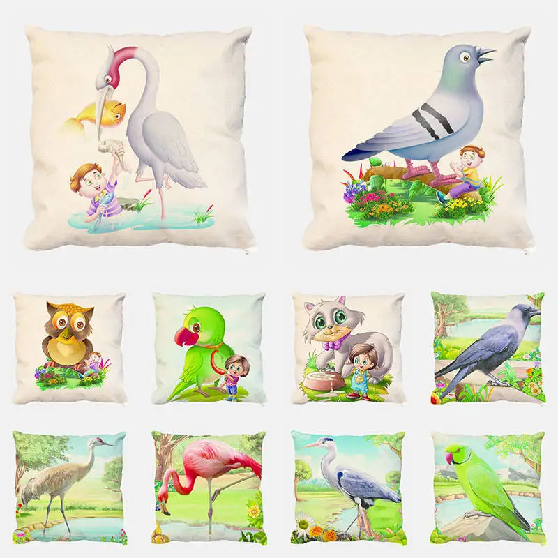 Новинка, Модный чехол для подушки из хлопка и льна с милыми мультяшными животными, чехол для подушки в виде птиц, животных, дивана, чехол для ...