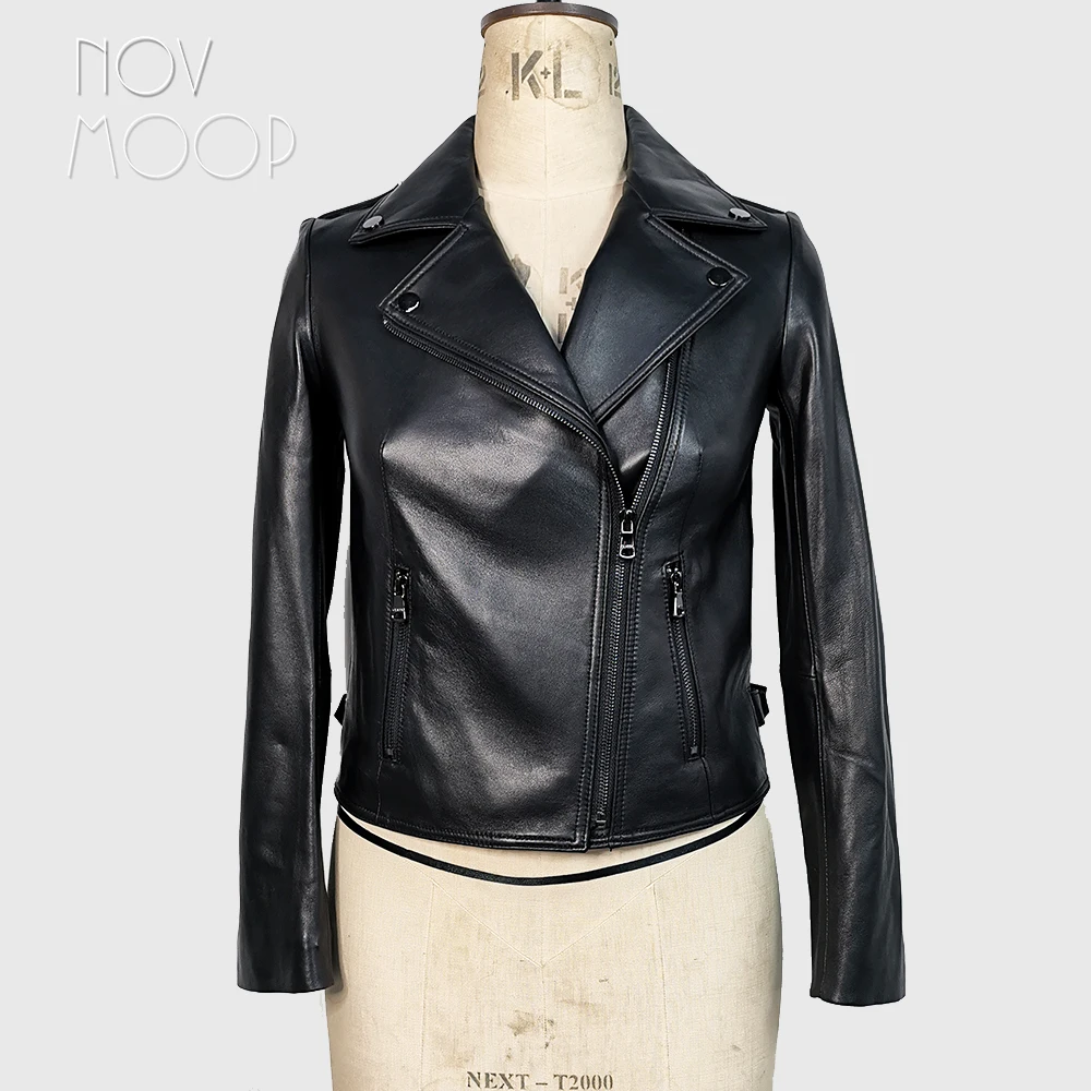 Женская мотоциклетная куртка из натуральной кожи Черная байкерская овечьей