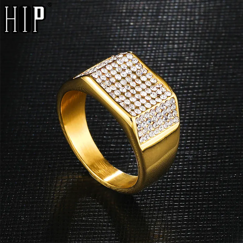 Хип-хоп микро проложить Стразы Iced Out Bling геометрическое Кольцо IP позолоченные