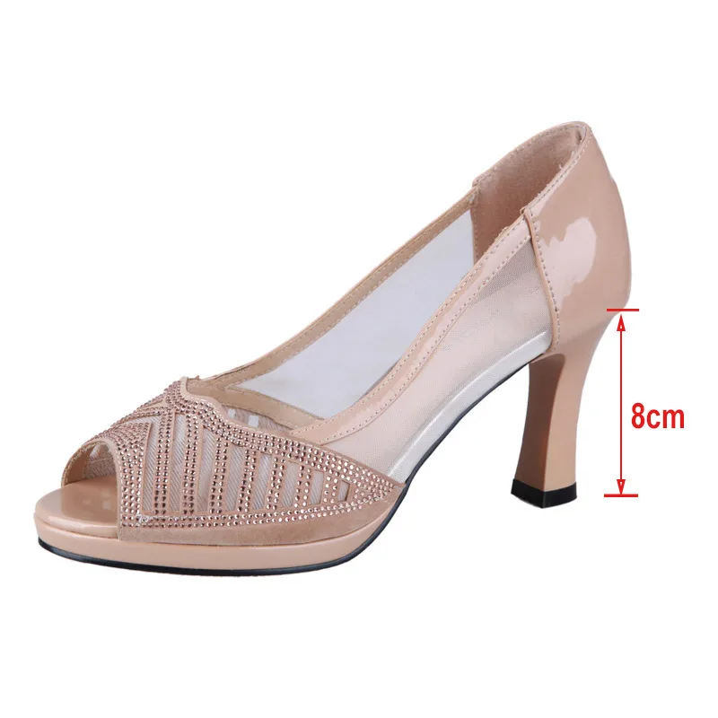 

Women's Shoes Peep Toe Summer Rhinestone Casual Sandals Mesh High Heels Female Footwear Open Toe Comfort Ladies Slip On 2021