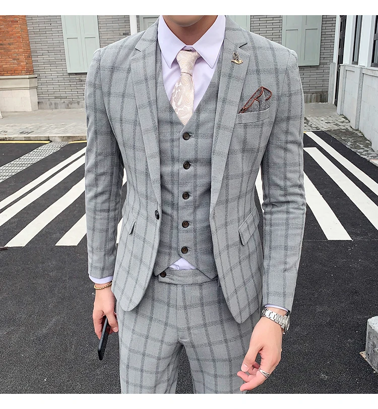Элегантный Черный, серый цвет Клетчатый костюм «Человек Осень Slim Fit Мужские свадебные костюмы костюм 3 предмета Homme костюмы для торжественных случаев для Для мужчин Q176