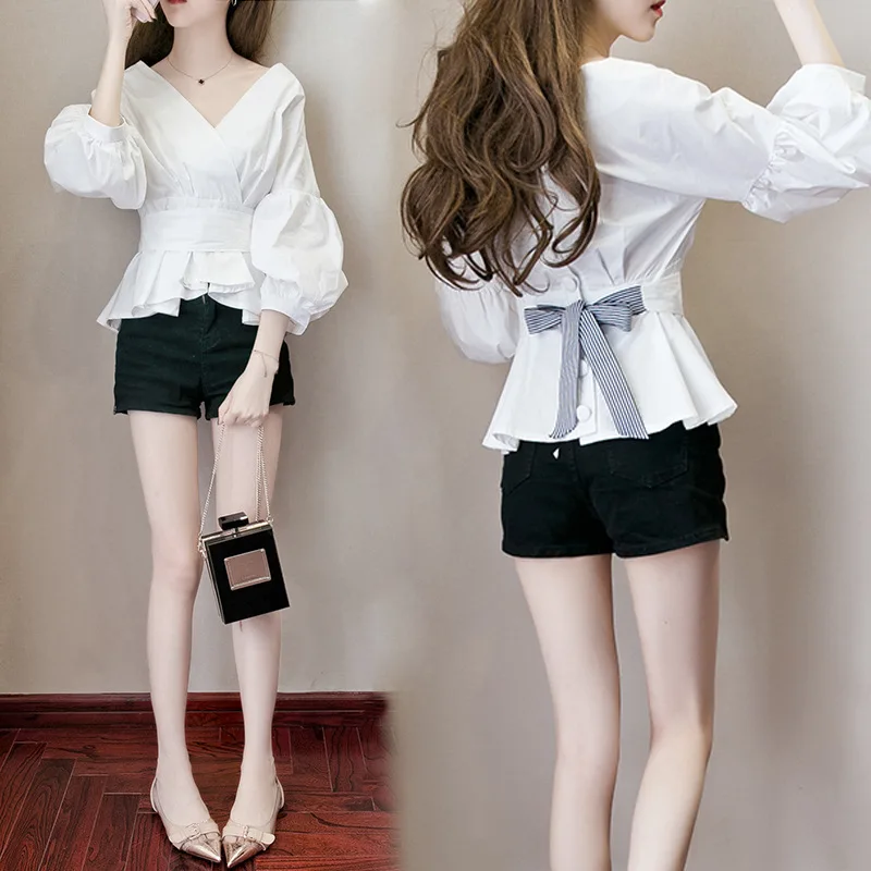 2019 хлопок женщин Блузка белый лук тонкий фонарь рукавами дизайн в полоску lady