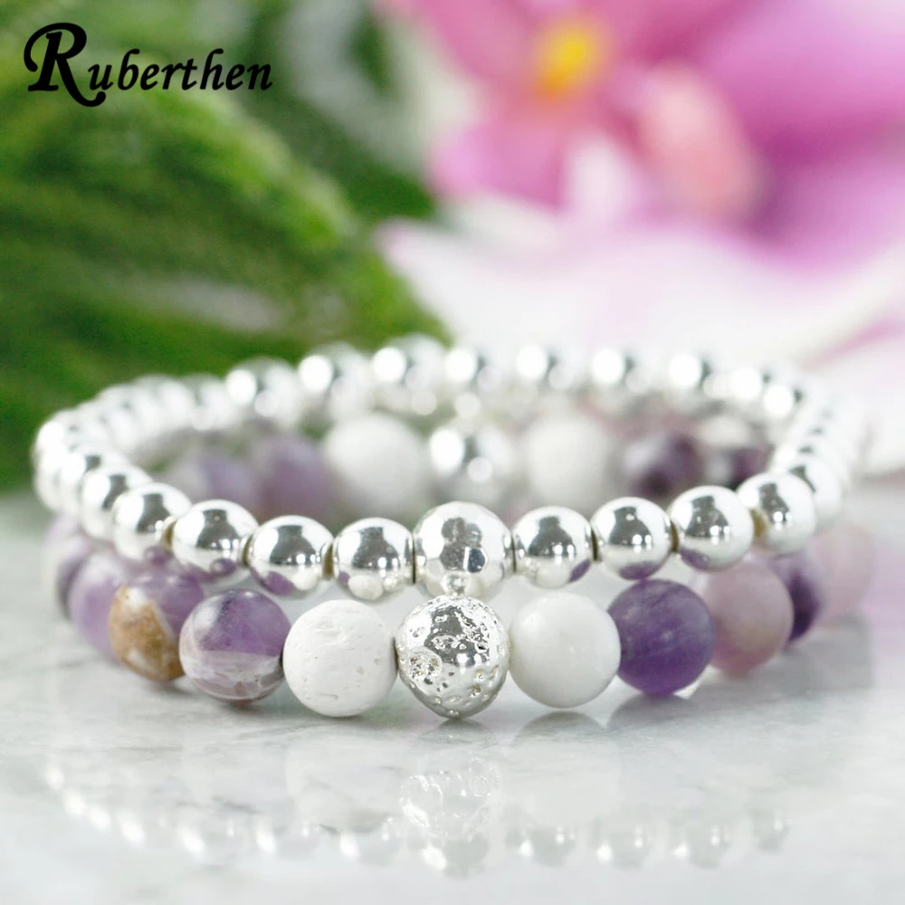 Рубертен Фиолетовый Кристаллический Браслет Мала с Диффузором Эфирного Масла из Белого Лавового Камня - Энергетический Лучший Подарок.