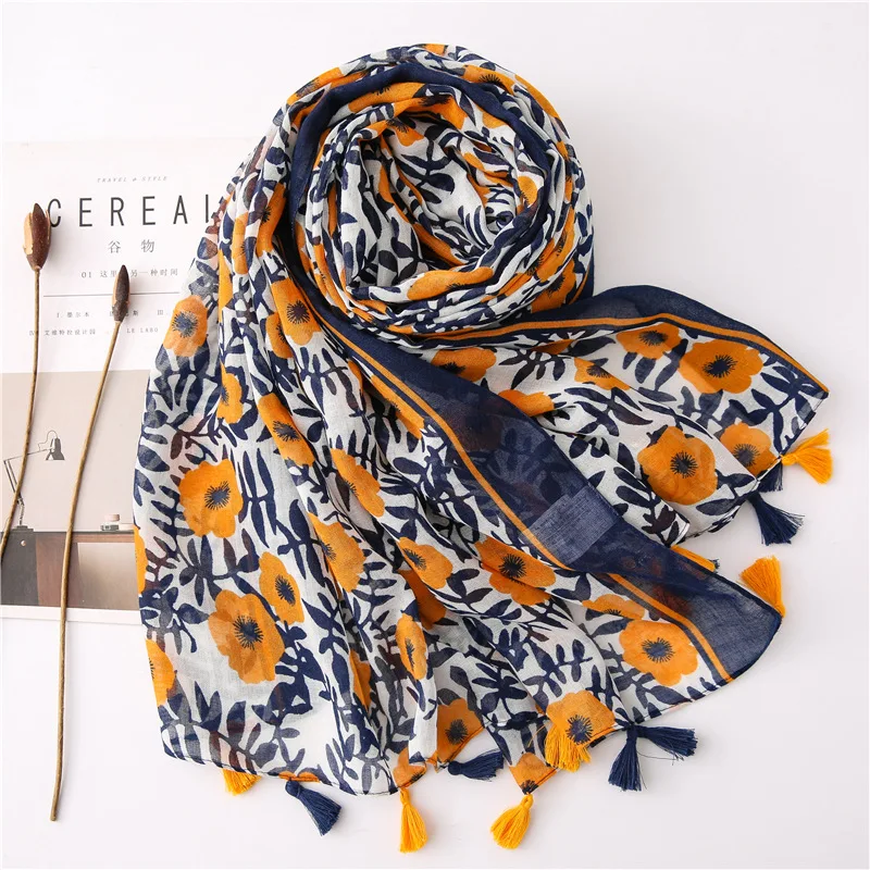 

Women Fashion Bohemian Style Floral Tassel Shawl Lady Quality Beach Sunscreen Hijab Shawls Female Foulard Echarpe Muslim Hijab