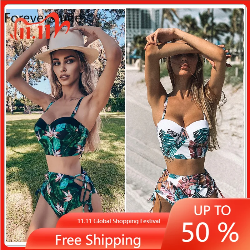 

High Waist Swimwear 2021 New Leaf Print Bikinis Women Swimsuit Vintage Retro Bathing Suit Halter Biquini Maillot de bain femme