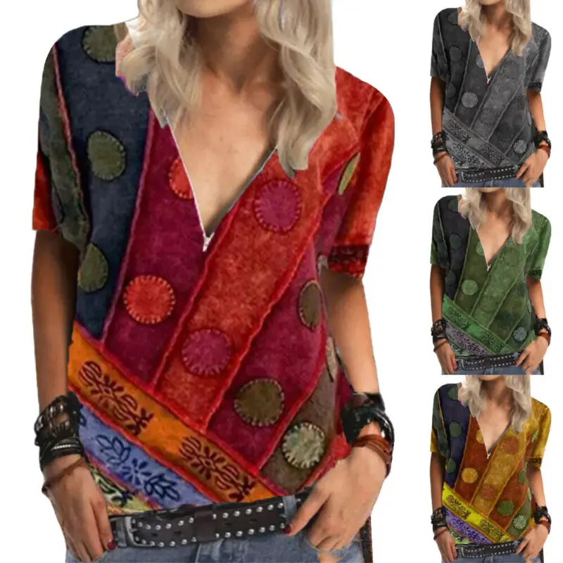 

Summer Women V Neck Short Sleeve T Shirt Zipper Tops Casual Floral Loose Blouse