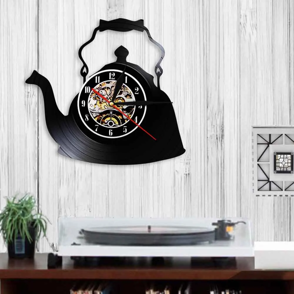 Часы с заварочным чайником винтажный Настенный декор виниловая пластина