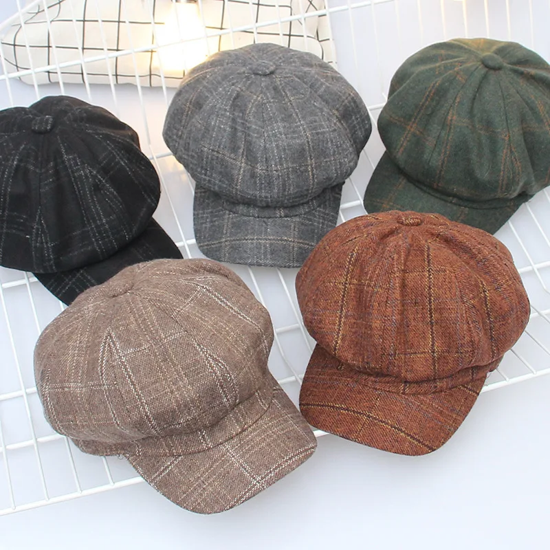 

Элегантная восьмиугольная шапка для женщин, Осень-зима, повседневный клетчатый берет в британском стиле
