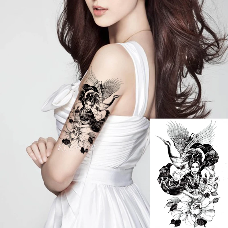 Waterproof Temporary Tattoo Sticker Red-crowned Crane Sword Japanese Style Warrior Fake Tatto Flash Tatoo Art for Women Men | Красота и