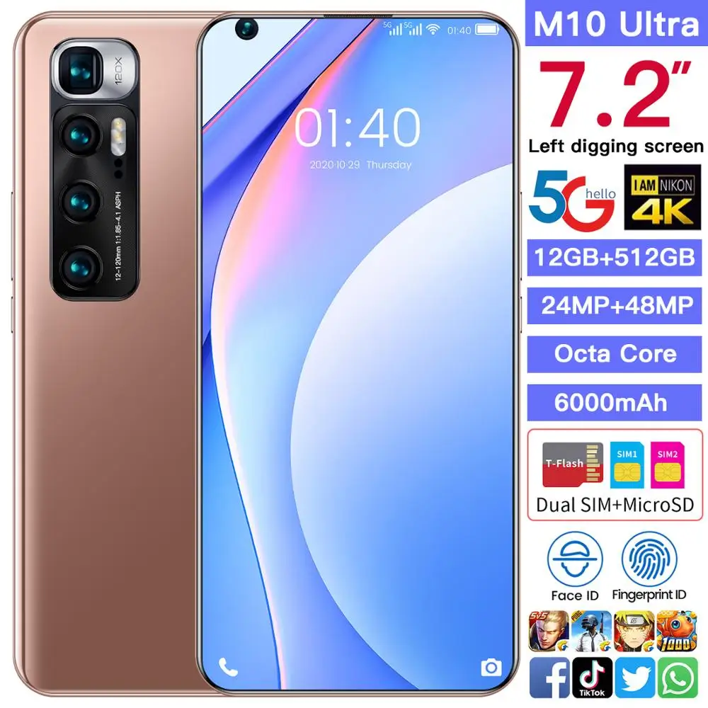 

Global Version M10 Ultra 7.2 Inch Smart Phone 12G+512GB Android10 Full Screen 4G 5G Dual SIM Mobile Phone Octa Core Cell Phone