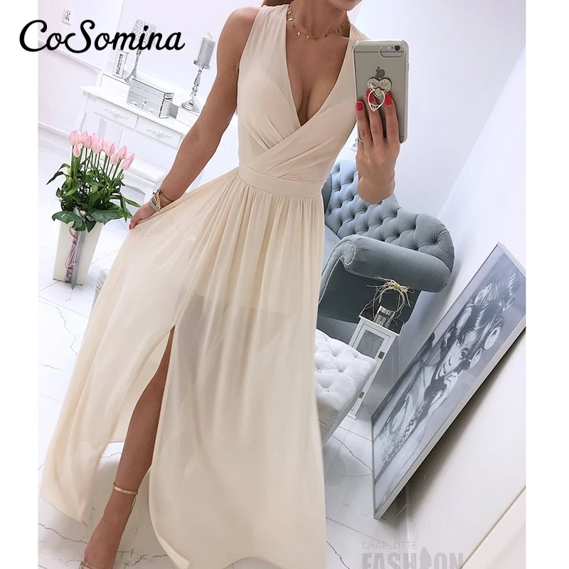 

Женское шифоновое платье без рукавов CoSomina, Элегантное Длинное Летнее платье с глубоким V-образным вырезом, с высокой талией