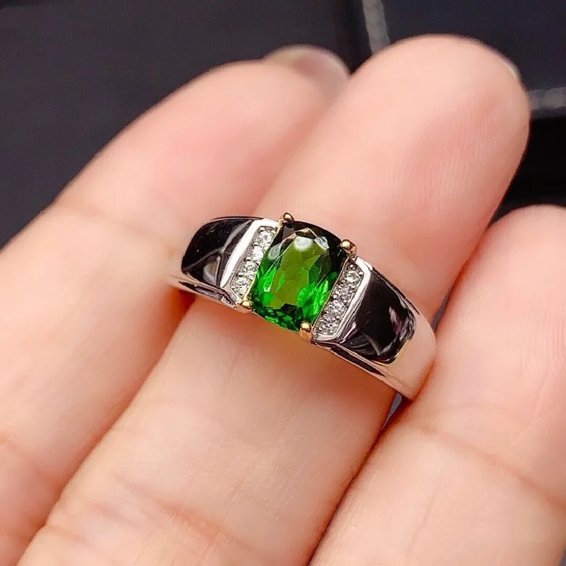 Emerald Green Natural Diopside Open Ring 925 Silver Inlaid with Exquisite Main Stone 5*7mmAAA Zircon Temperament Jewelry