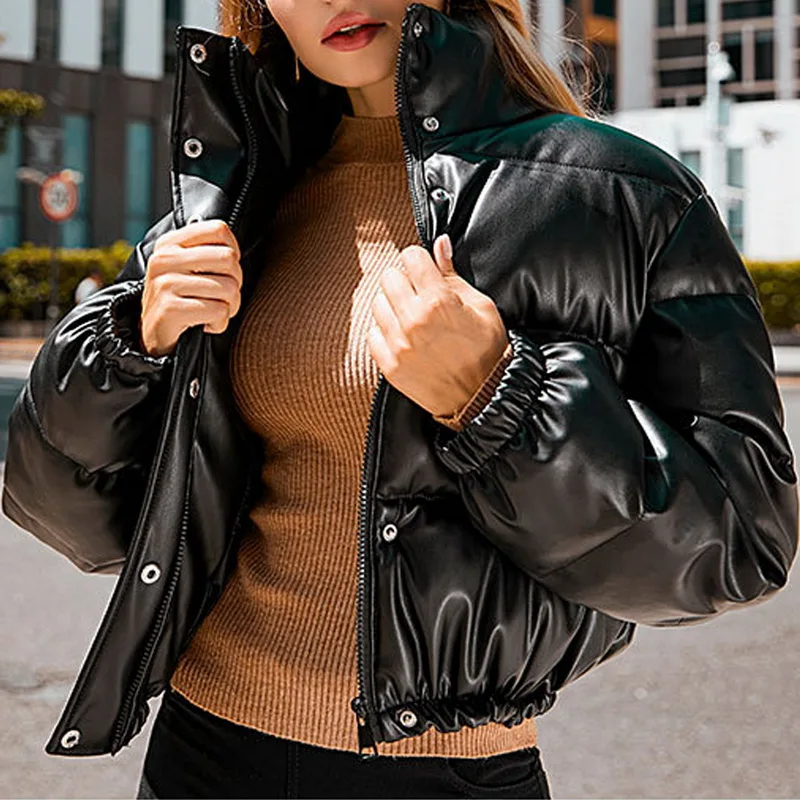 

Black Jacket Women Winter Parka Coat Female Warm Short Parkas Fashion PU Leather Jacket Zipper Cotton Jacket Women's Jackets