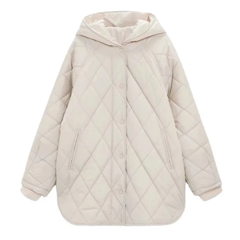 

2021 Winter Korean Women Hooded Parkas Quilted Jacket Single Breasted Cotton Padded Warm Jacket Coat Plaid Loose Outwear