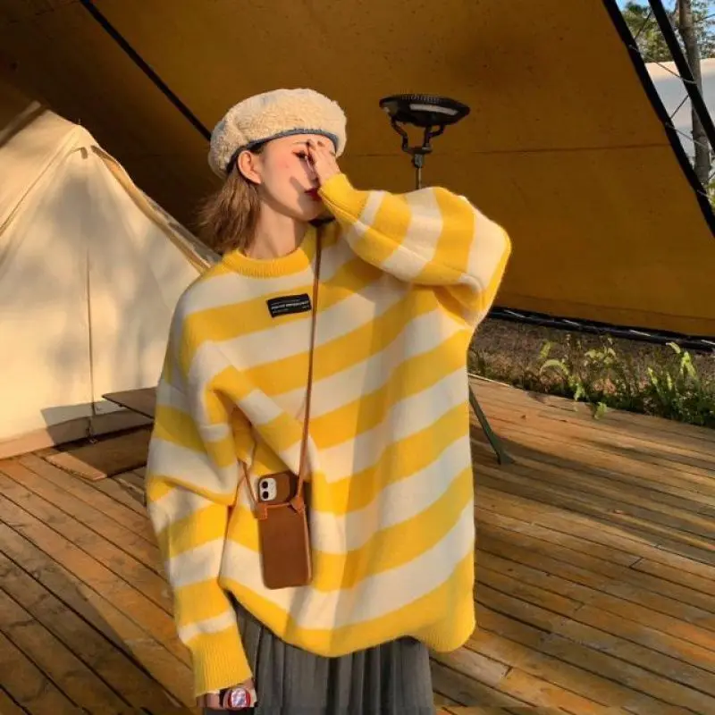 

Korean Chic Loose Striped Sweater Women Fashion New Outwear Pullover Tops 2021 Spring Autumn Pink Sweater Female