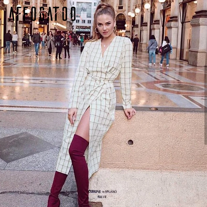 Женское длинное платье в клетку с V образным вырезом и длинным рукавом|Женские