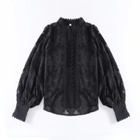 spring autumn vintage womens high quality latern sleeve lace shirts hot chic black blouses top c826