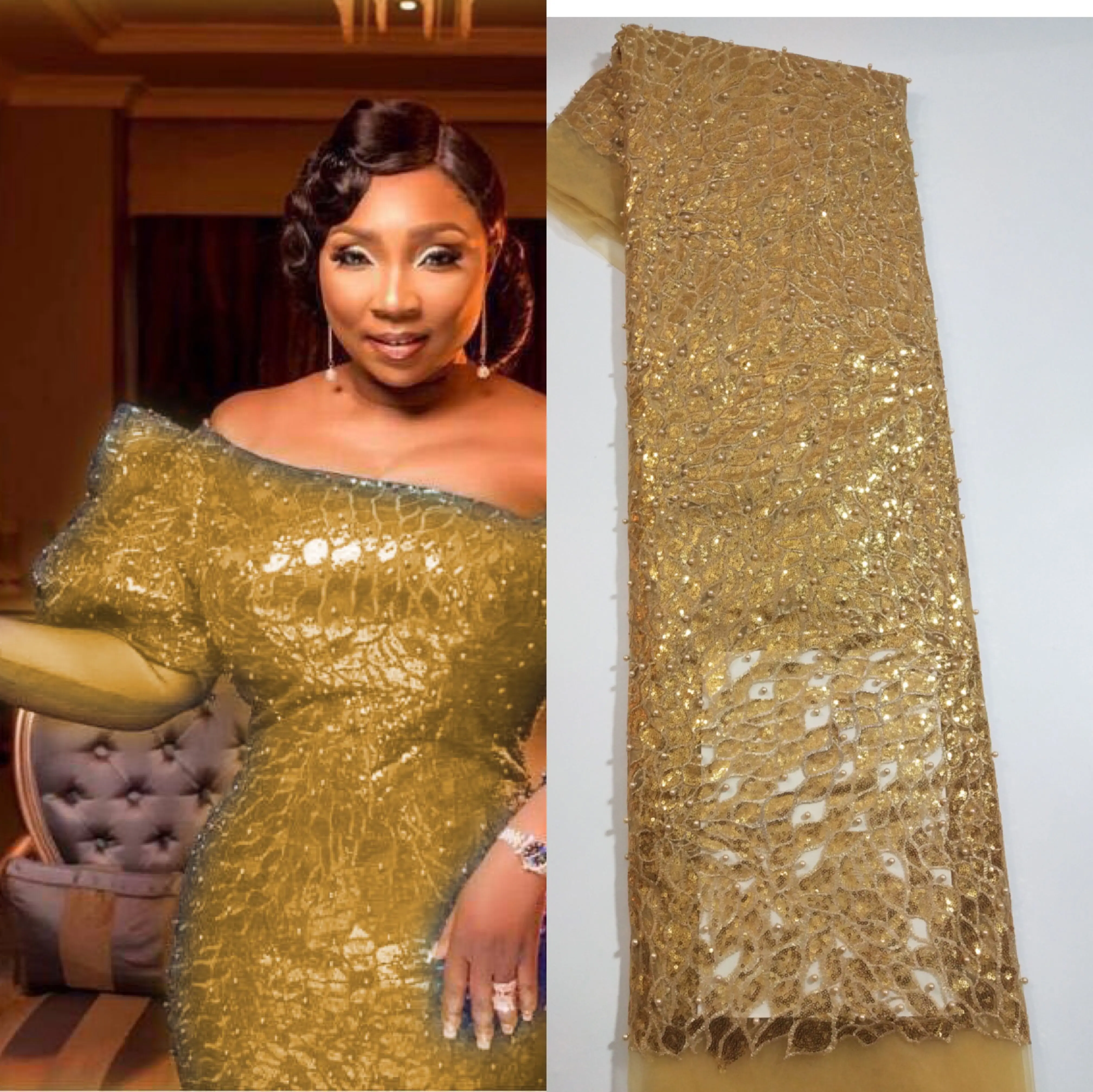 Французский блёстки кружевной ткани с тяжелыми бусинами великолепные платья