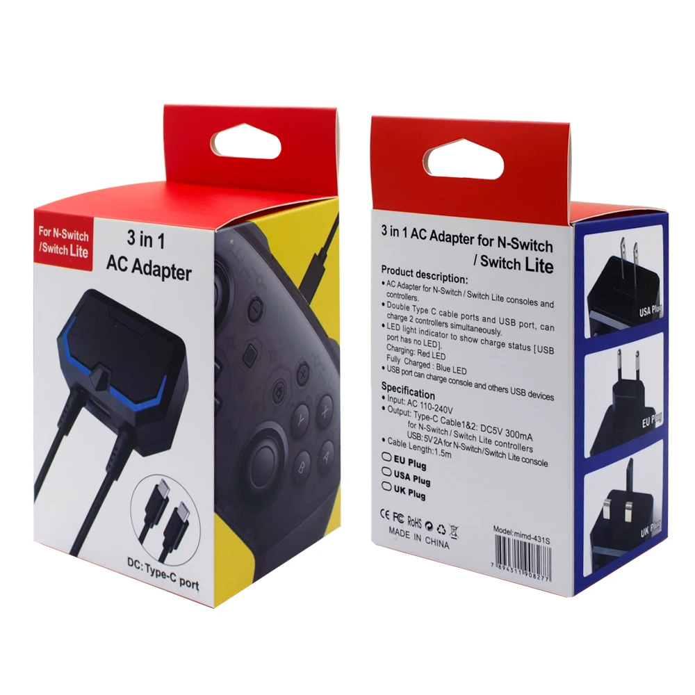 Светодиодный индикатор USB EU/USA/UK Plug адаптер переменного тока с портом Micro/type-C для PS4/X-ONE/nintendo переключатель геймпад