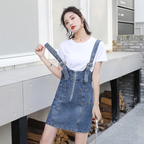 Denim Two Piece Set Top And Skirt Suspender Jean Suit Korean Women 2 Sets Clothing With Skirts Ensemble Femme Deux Pieces |