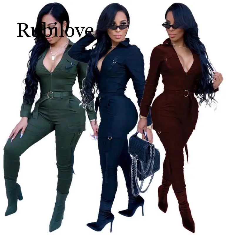 

Женский спортивный комбинезон с карманами, на молнии, с отложным воротником, с длинным рукавом, повседневный комбинезон, обтягивающие штаны...