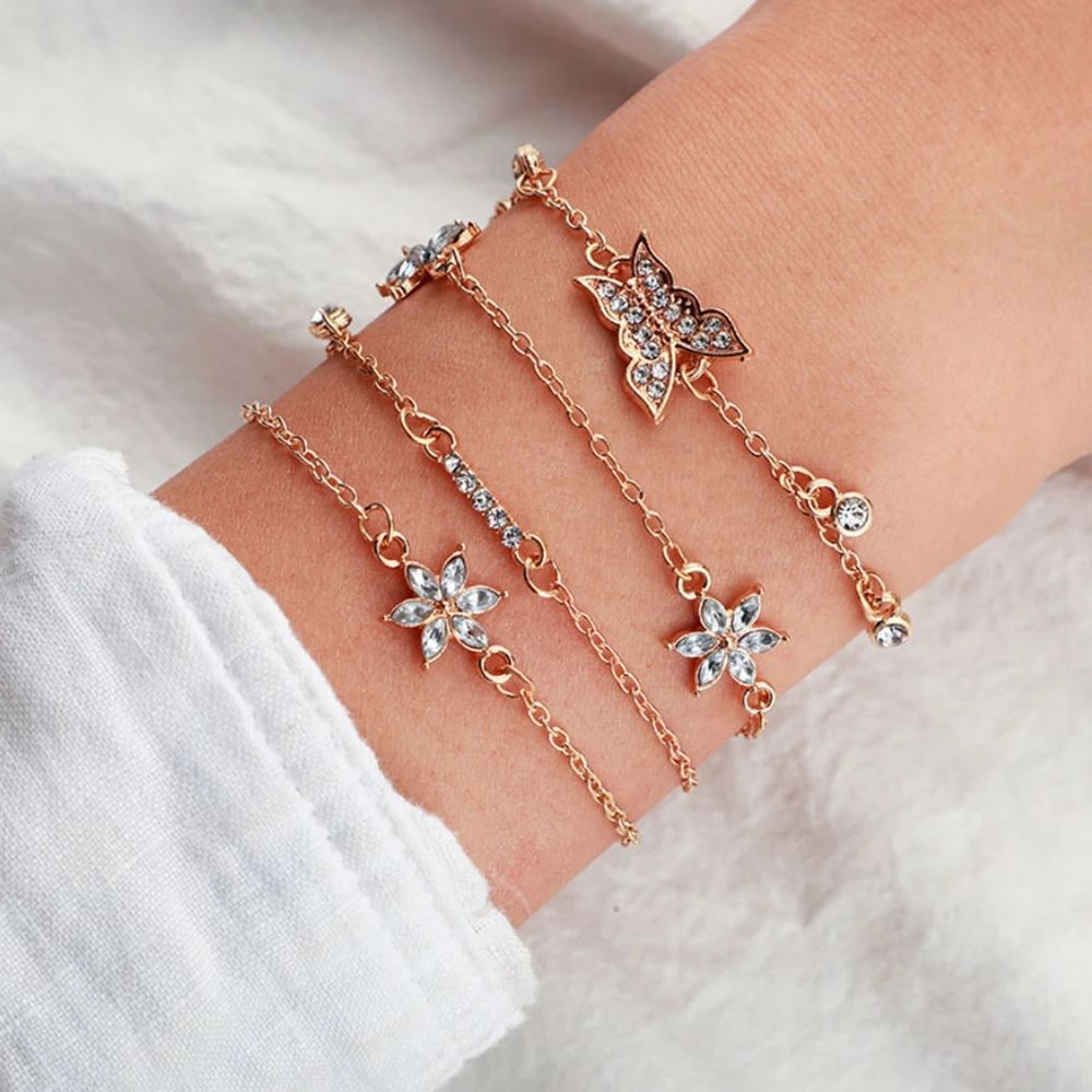 

New 4PCS/Set Fashion Simple Geometric Flower Alloy Chain Bangle Rhinestone Crystal Butterfly Flower Bracelet Jewelry Lady