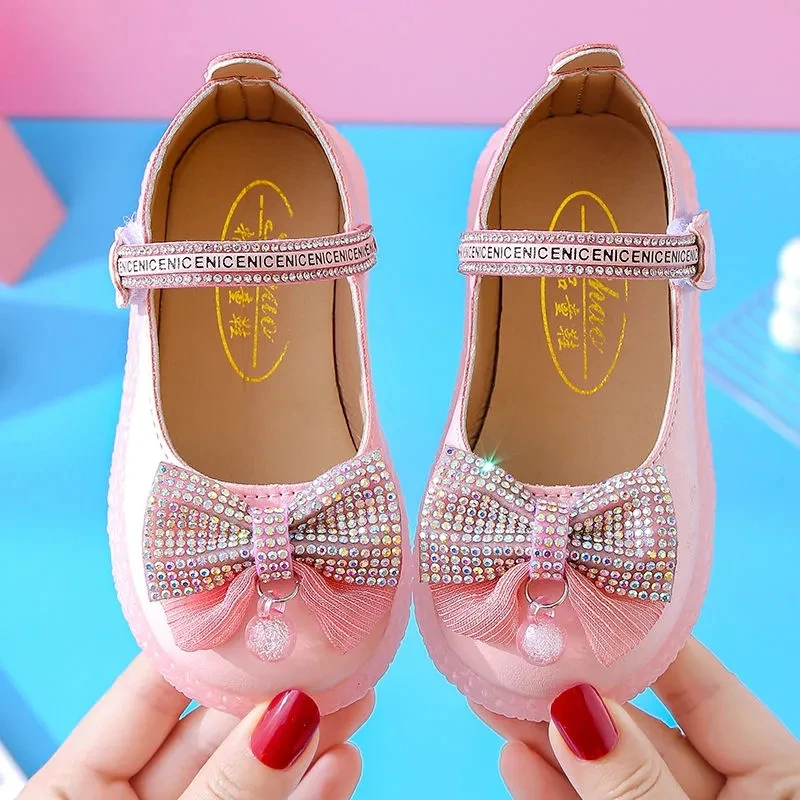 

2021 New Children Girls Leather Shoes Jelly Pink Rhinestone Bowtie Pearl Deco Ballet Flats Soft Shoes Child Girl Loafers Flat