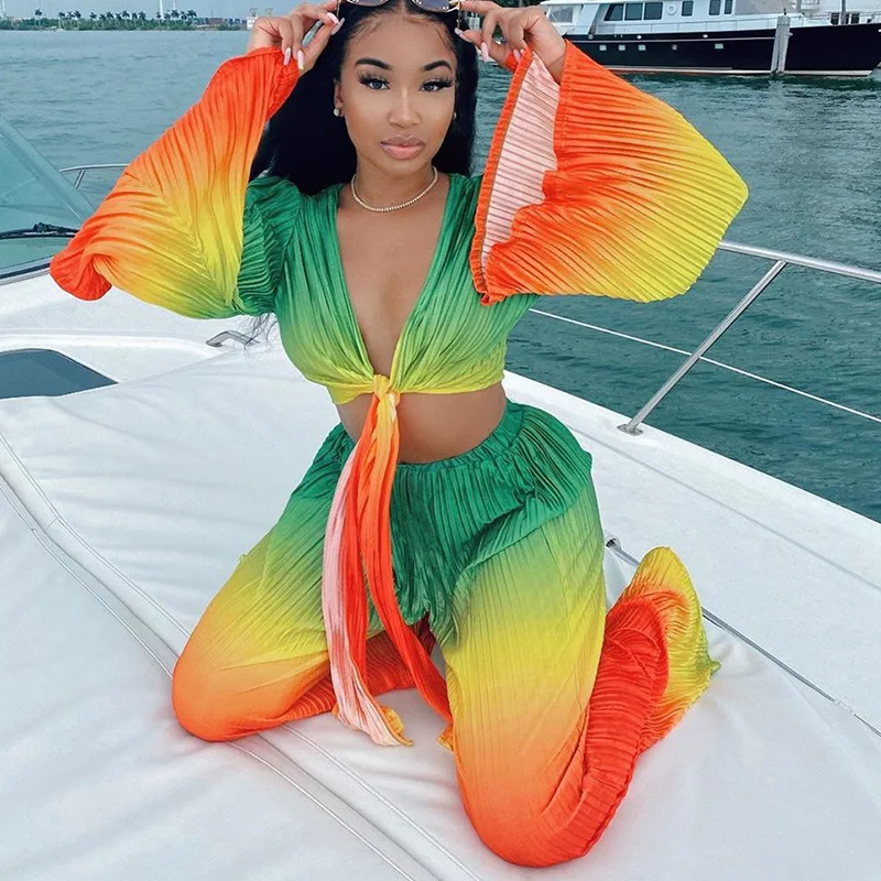 

Women Fashion V-Neck Tie Dye 2 Piece Sets Beach Suits Summer Sexy Bohemian Style Chest Lace Tops + Elastic Waist Long Pants Set