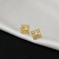 s925 sterling silver minimalist square hollow earrings with diamonds niche temperament french retro style wild earrings