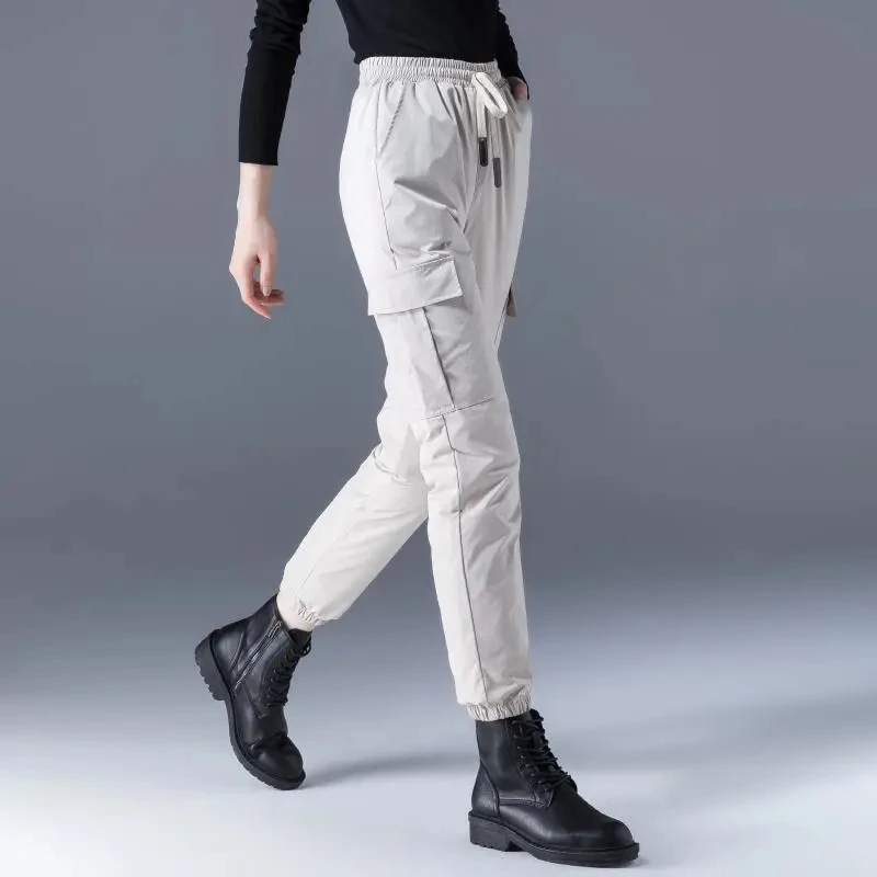 

Warm Winter Cargon Pants Fashion Ultra Light Down Cotton High Waist Trousers Women Casual Straight Pants Retro Stretch Pants