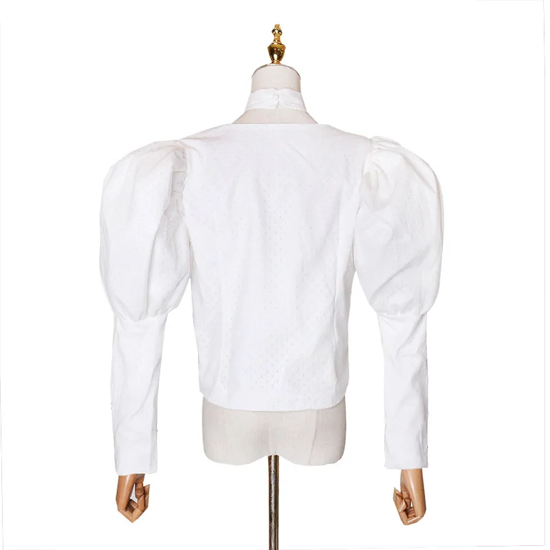 

Unique Design 2020 Spring NEW Puffy Sleeve Polka DotsShort Blouse Women Chic Top with Bowknot Neck Tie