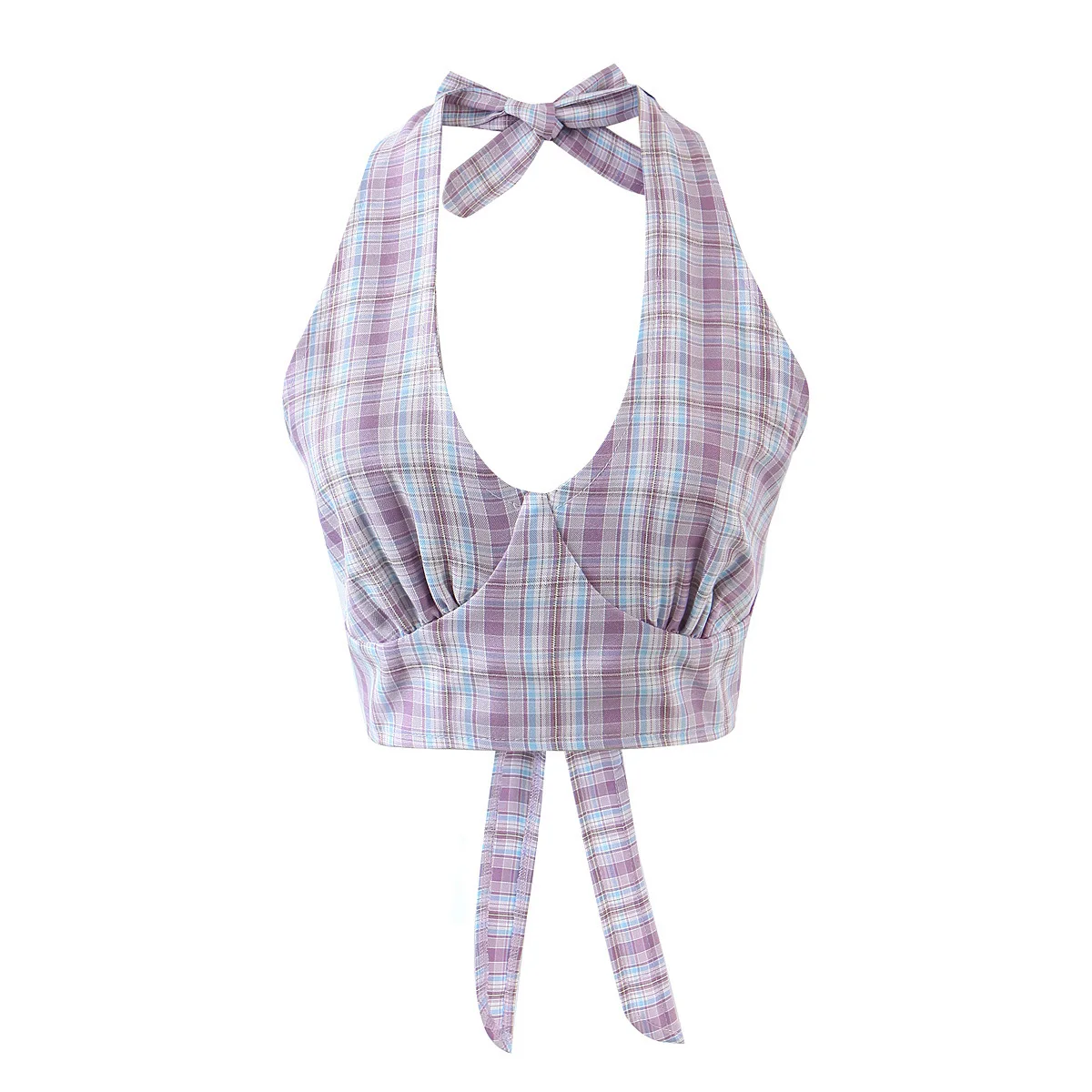 

Summer Sweet Plaid Women Girl Bow Lace Halter-neck Sexy Slim Fit Camis Tanks