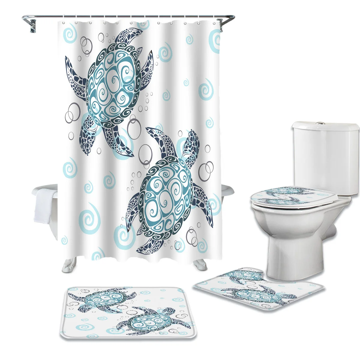 Bathroom Waterproof Shower Curtain Turtle Sea Bubble Deep Blue Pedestal Rug Lid Carpet Toilet Cover Set Bath Mat | Дом и сад