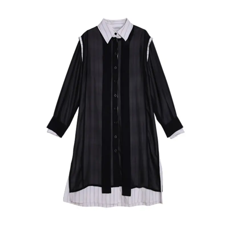 

XITAO Split Dress Fashion New Women False Two Piece Pleated Perspective Minority Elegant Casual Style Loose Dress ZLL5414